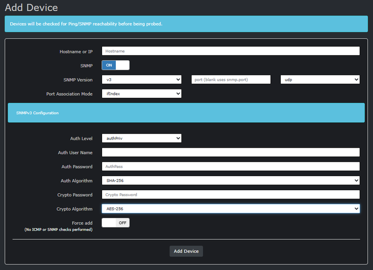 Formulaire LibreNMS Add Device avec configuration SNMPv3 authPriv, algorithmes SHA-256 et AES-256 sélectionnés