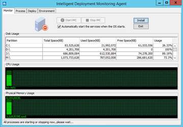 Agent de déploiement HPE IMC (Intelligent Deployment Monitoring Agent) — écran d’installation avec suivi CPU, disque et mémoire sur Windows