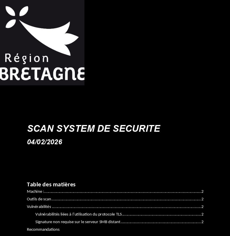 Page de couverture du rapport de scan système de sécurité — Région Bretagne, 04/02/2026, table des matières listant vulnérabilités TLS et SMB
